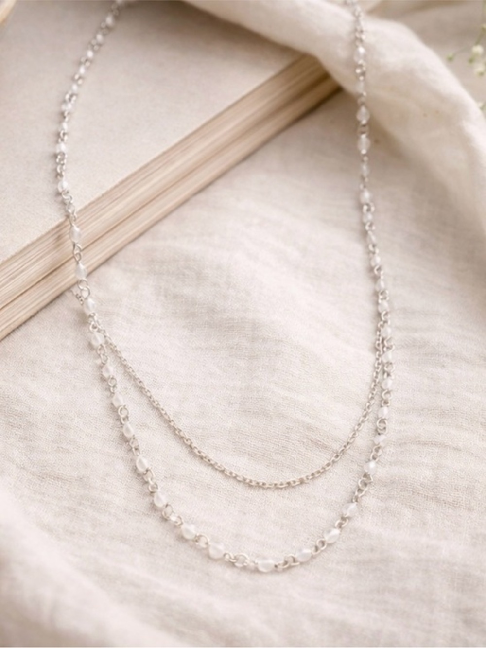 Double Layer White Beaded Station Necklace Silver Delicate Chain NWOT 21" #595